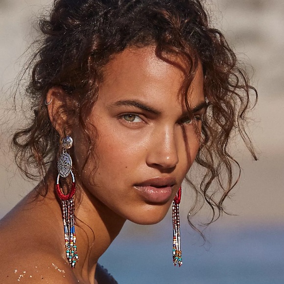 NWT Free People | Women’s gold/mustard/blue beaded Wait For Me earrings.  OS - Picture 2 of 12